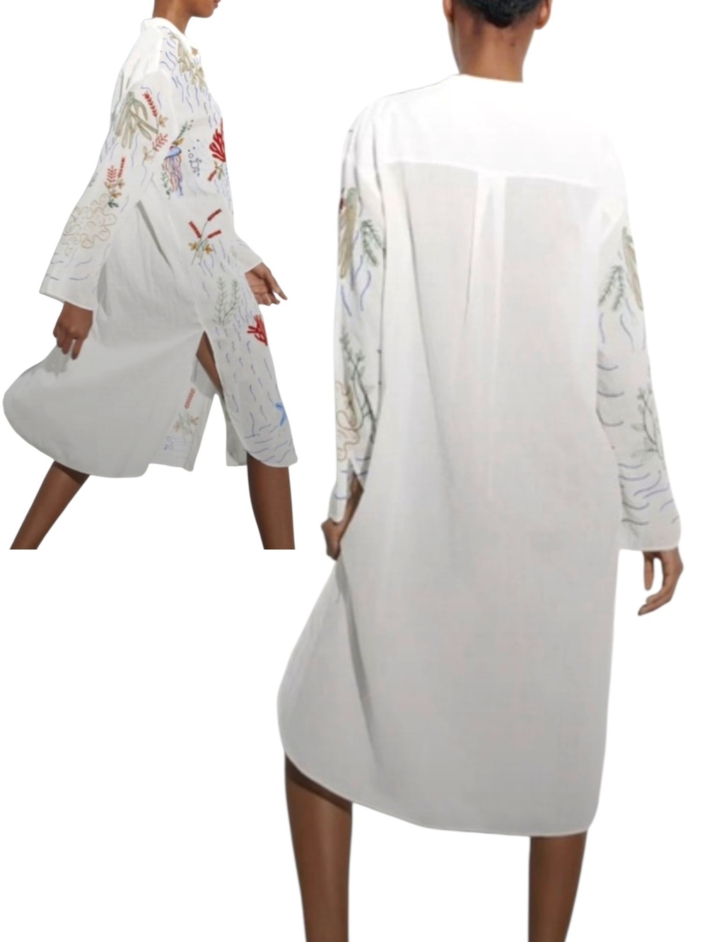 Zara Sea Life Embroidered Shirt Dress XL White Cotton Beach Cover Up Resortcore - Picture 2 of 13
